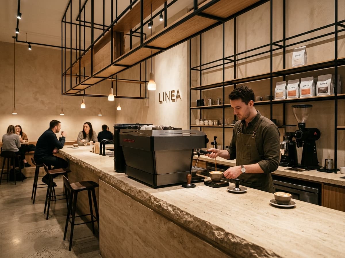 Barra de cafetería de especialidad minimalista con barista extrayendo espresso