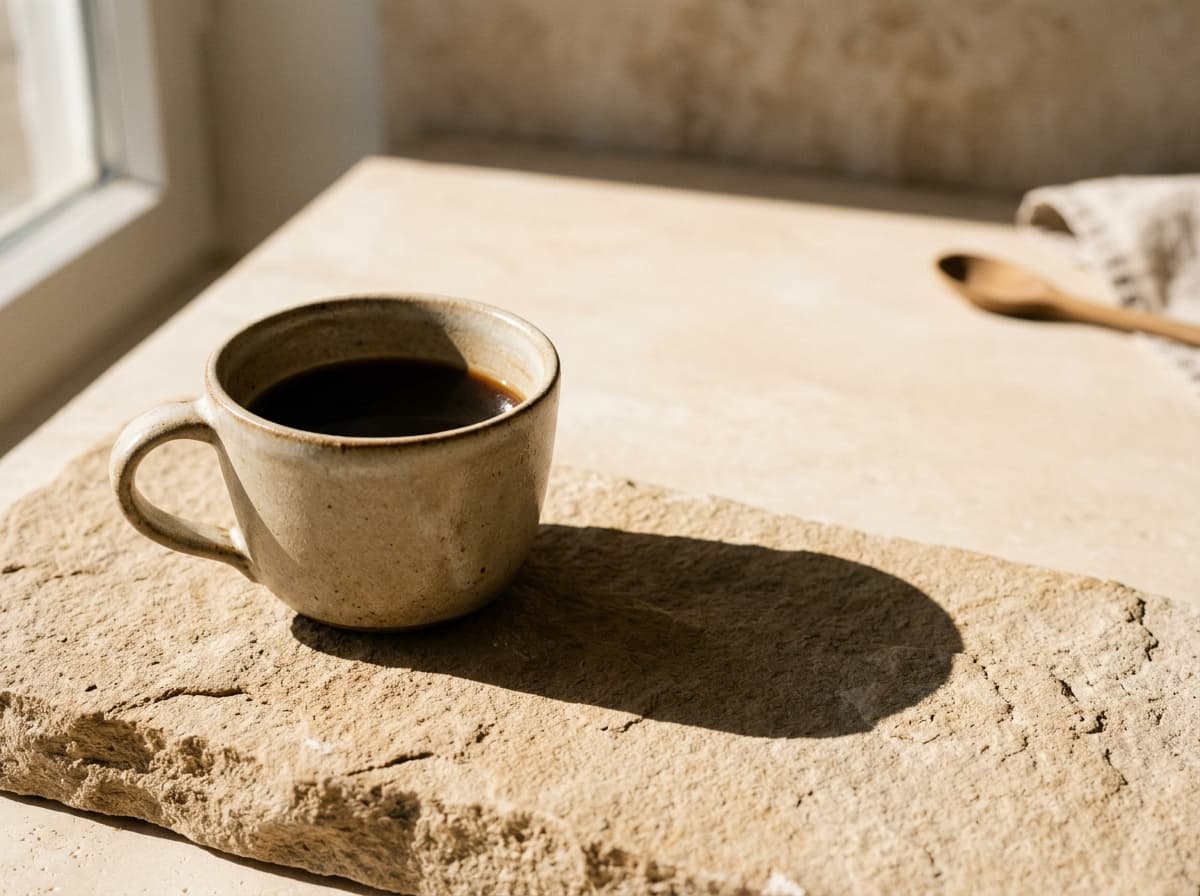 Taza de café de especialidad servida en cerámica sobre piedra beige