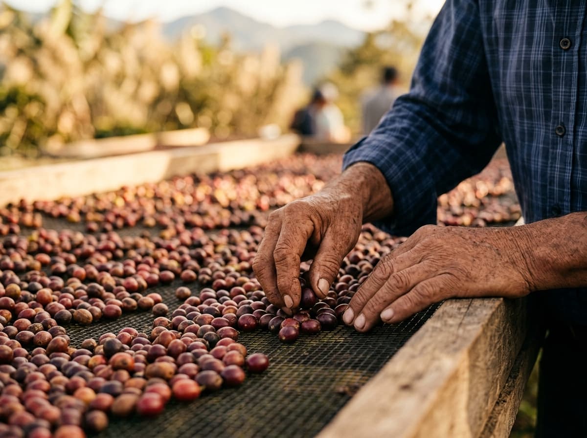 Manos de caficultor examinando cerezas de café en camas de secado